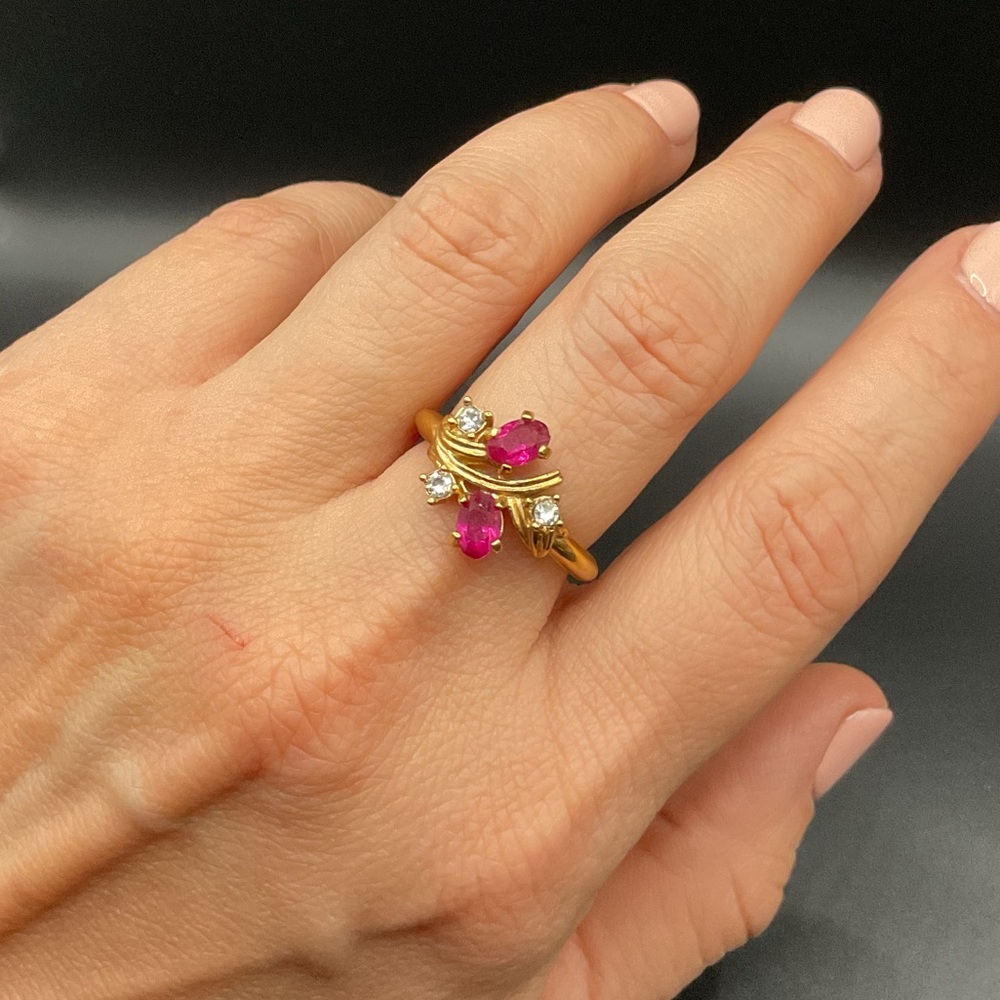 Vintage AVON Gold Tone Pink and Clear Rhinestone Ring Adjustable for Size 8-9.5
